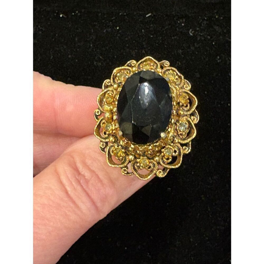 Vintage Florenza Gold Filigree Statement Ring with Black Center Stone Adjustable